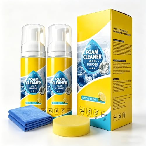 Vielseitiger Reiniger Schaum Spray 4-in-1 Allzweckreiniger für Auto Innenraum Küche Bad Sofa Schuhe, Tiefenwirksamer, Wasserfreier Kunststoffreiniger mit Zitronenduft (2 Pcs)