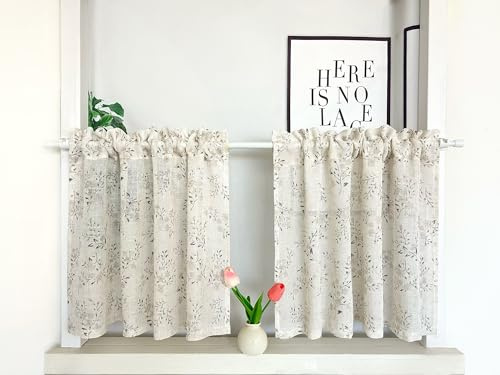 Daliena Halbtransparent Scheibengardinen Vintage Fenstergardine 2 Teilig | Naturfarben mit Stangendurchzug BxH 60x30cm, Einfach Kurzgardine Leinenoptik, Bistrogardine Blumen Landhaus Gardine 2 Stück