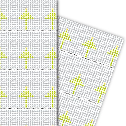Schickes Weihnachtspapier mit grafischen Weihnachtsbäumen fröhliche Weihnachten für tolle Geschenk Verpackung und Überraschungen 32 x 48cm (4 Bögen) Dekorpapier, Papier zum Einpacken, in weiß