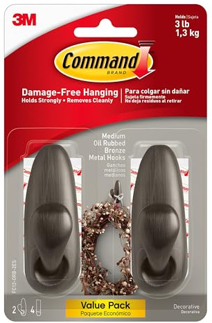 Command Medium Oil Rubbed Bronze Metal Hooks, 2 Hooks and 4 Strips, Damage-Free Wall Hook with Adhesive Strips, Forever Classic Hooks for Hanging Home Decor, Holds up to 3 lb