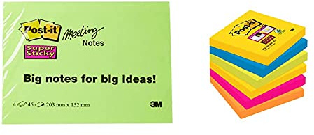 Post-it Super Sticky Meeting Notes extragroße Haftnotizen für kreativen Freiraum in 203 x 152 mm & Farbige Haftnotizen, Klebezettel und Haftnotizzettel in der Rio de Janeiro Kollektion, 76 x 76 mm
