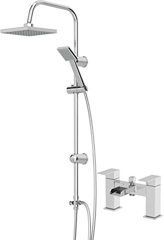 Architeckt® Square Waterfall Bath Shower System Mixer Shower Tap with Modern Square Riser Rail Kit Dual Rainfall Shower Heads Handset, Chrome