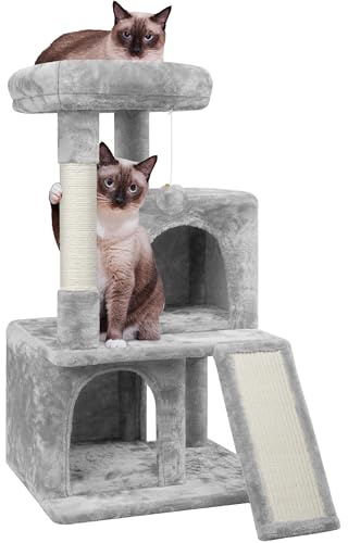 Yaheetech 92 cm Cat Tree for Indoor Cats with 2 Condos, Light Grey | Multi Level Cat Tower, Cat Scratching Post, Sisal Cat Scratching Board, Dangling Ball, 49 x 45.5cm Base, FSC-certified