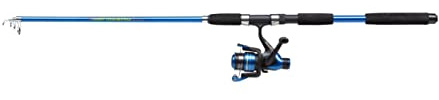 Shakespeare Firebird Tele - Combo de caña de Pescar y Carrete telescópico, portátil, preenrollado con línea, Listo para Pescar, Azul/Negro, 2,7 m
