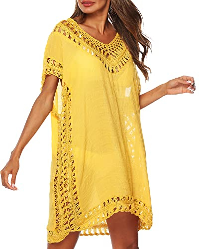 SANSIWU Women Swimsuit Cover Ups Solid Color Cutout Beach Cover Ups V-Neck Short Sleeve Hollow Out Crochet Dress Beachwear