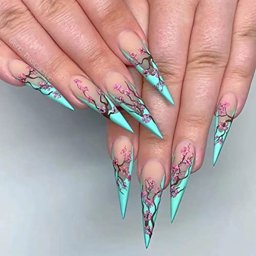Carufin 24 Stück Plum Blossom Lange Spitznägel Kunstnägel Kristall Acryl Press on Nails Ballett Kunstnägel für Frauen Mädchen