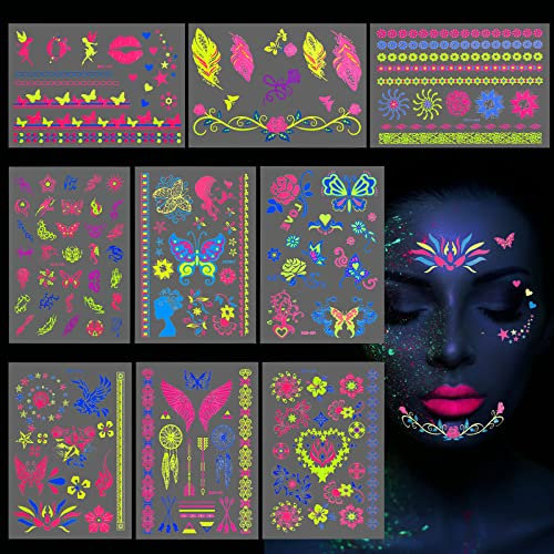 CHIFOOM 9STK Neon Tattoos Schwarzlicht Party Temporäre Tattoo Leuchtend im Dunkeln Schwarzlicht Schminke Halloween Gesichtstattoo Glitzer Gesicht für Festival Karneval Fasching