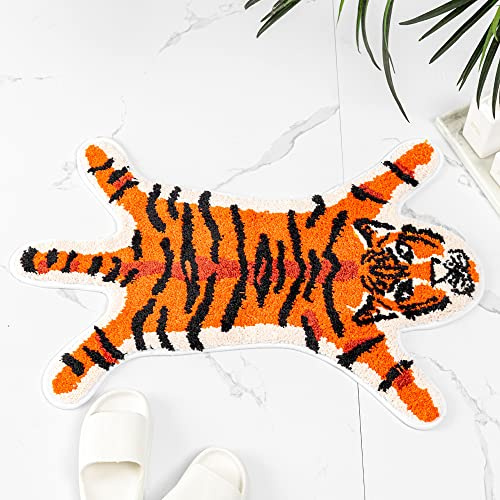 Funny Tiger Bath Mat for Bathroom, Cute Orange Tiger Bath Mats Non-Slip Absorbent Animal Shape Small Bathtub Mat Bathroom Decor Rugs
