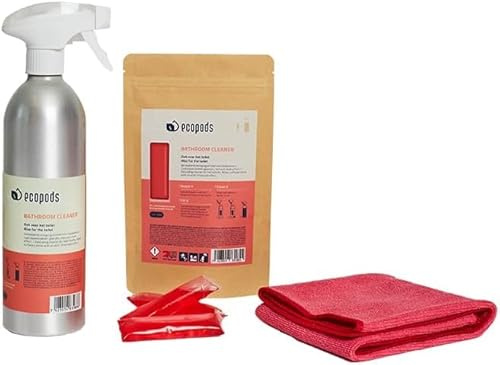 Ecopods Badreiniger Starterset Komplett – 3 Nachfüllkapseln – Aluminiumflasche inkl. Pod – Mikrofasertuch – WC- & Toilettenreiniger