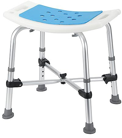 Izrielar Sgabello da doccia per anziani, altezza regolabile 38-54 cm, in alluminio, con doppia traversa e cuscino, antiscivolo, fino a 180 kg, Bianco
