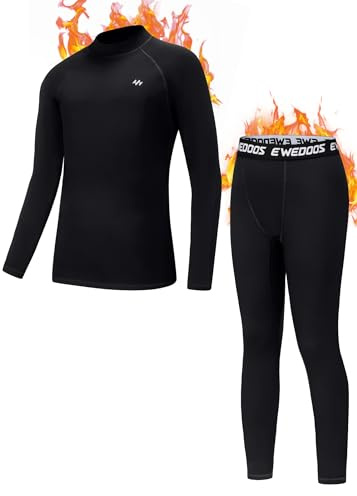 Ewedoos Thermal Underwear Set for Kids Thermals Top and Bottom Set Boys Long Johns Base Layer Thermal Set Black