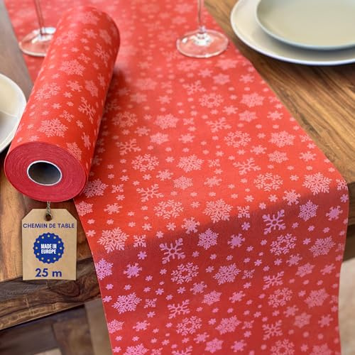 NATUARTE, Tischläufer Weihnachten, 25 Meter x 30 Zentimeter, Vlies, Deko Tischband, Tischdekoration, Dekor Taufen Kommunionen Hochzeit Geburtstage, Tischläufer Rolle,Farbe rote und weiße