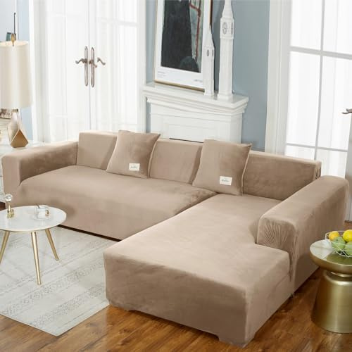 OKJK Sofa überzug aus samt, Sofabezug l Form für Wohnzimmer, maschinenwaschbar, Sofaschoner rutschfest, Sofa überzug ecksofa, weicher und bequemer Stoff, staubdicht (Camel,3-Seats 190-230cm 1pc)