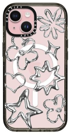 CASETiFY Impact Case for iPhone 15 [4X Military Grade Drop Tested / 8.2ft Drop Protection/Compatible with Magsafe] - Chrome Doodles - Clear Black