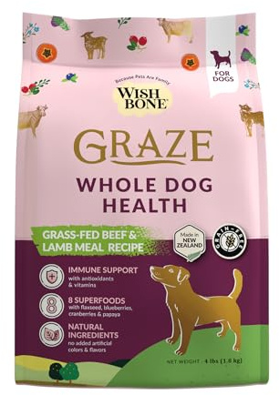 Wishbone Graze New Zealand Beef and Lamb Dry Dog Food, Gluten-Free, Grain-Free Formula for Overall Pet Health - 4 lb