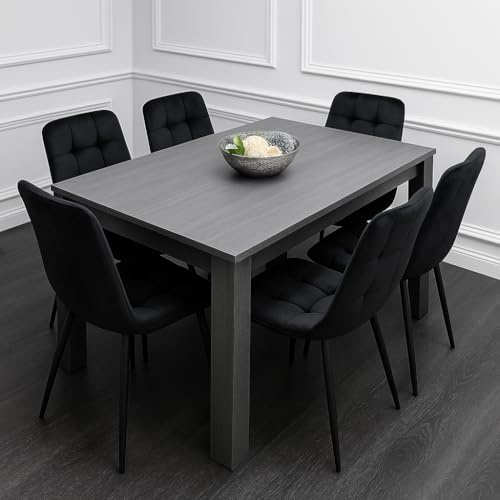 Dining Table and Chairs Set Dark Grey Kitchen with 6 Black Velvet Chairs | KOSY KOALA Dining Table and Chairs Set Dark Grey Kitchen Table & 6 Black Velvet Dining Chairs 6 Seater Kitchen 140x80x75 cm