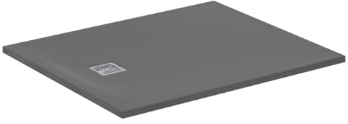 Ideal Standard - Ultra Flat S+, rechteckige ultradünne Duschwanne aus Kunstharz in Steinoptik, 120 x 100 cm, Ideal Solid, Abfluss auf der kurzen Seite, Betongrau
