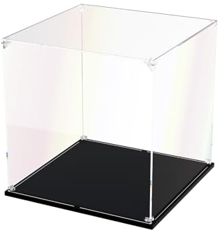 DOFOPO Acryl Vitrine Schaukasten Selbstmontage Klar Acrylbox 15 x 15 x 15cm | Kleine Staubdichte Transparente Display case für Lego Minifiguren Sammlerstücke mit Schwarzer Basis; Handschuhe Putztuch