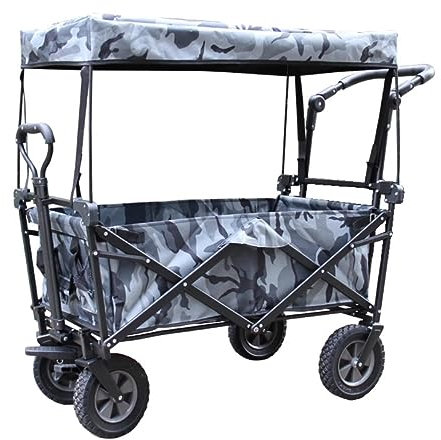 CCYENG Trolley-Karren, zusammenklappbarer Wagen mit Sonnenschutz und Regenschutz, verstellbarem Schiebe- und Ziehgriff, abnehmbarem Canvas-Überdach, Trolley zum Einka
