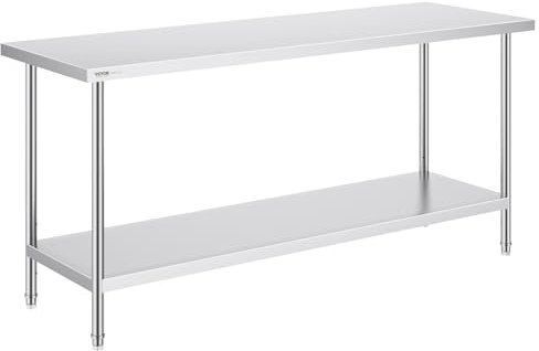 VEVOR Tavolo da Lavoro in Acciaio Inossidabile 610 x 1829 x 864 mm, con 4 Ruote, 3 Livelli di Altezza Regolabili, Tavolo Resistente per Preparazione Alimenti Ristoranti Cucina Commerciale, Argento