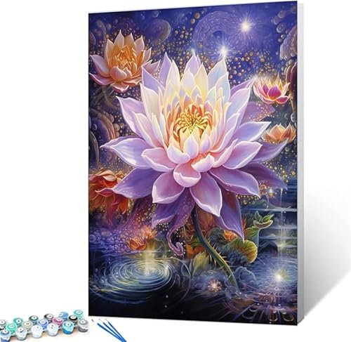 Mond Malen Nach Zahlen Erwachsene, Lotus Malen Nach Zahlen Kinder Klein 40x60cm, DIY Set Erwachsene Handgemalt Leinwand Ölgemälde, Acrylfarben mit 3 Set Pinseln, Zimmer Deko Aesthetic Geschenke -Y615
