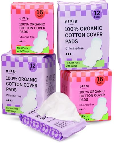 Pixie Period Starter Pads for Teen Girls - Organic Cotton 56ct - Designed for Tweens & Smaller Underwear - Leak-Proof with Wings for Feminine Care - Includes 32ct Mini & 24ct Regular Pads with Wipes