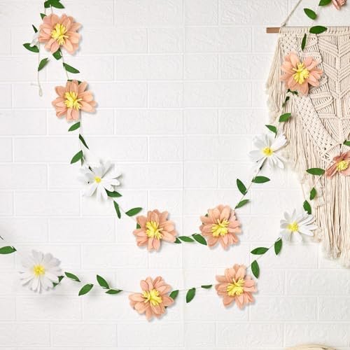 Easy Joy 2Pcs Paper Flower Garland 8.2ft Spring Hanging White Pink Paper Flower Green Leaves Party Banner Crepe Artificial Flower Floral Garland for Spring Birthday Wedding Home Wall Decor