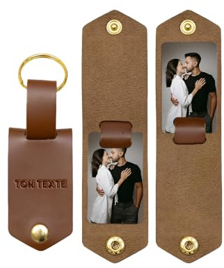 Porte Clé En Cuir Personnalisé avec Texte Gravé et Deux Photos, porte clés personnalisé, fête des mères, fête des pères, mamie, papi, noce de cuir