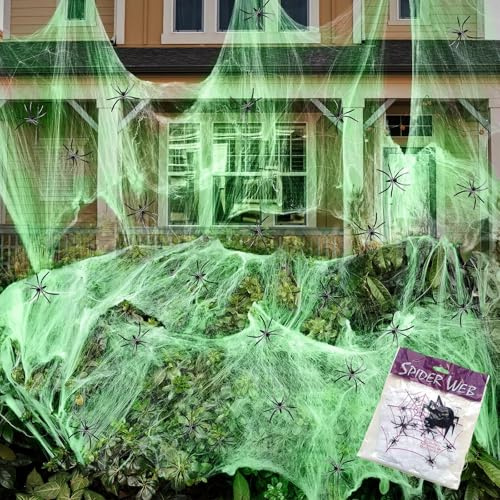 Wzone 150g ragnatela luminosa con 50 ragni – Decorazione di Halloween fluorescente per interni ed esterni, rete elastica per giardino, casa e feste