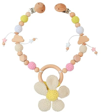 Ueiwffzo Catena per passeggino, per bambini, all'uncinetto, con ciondolo a forma di animale, giocattolo per bambini, per appendere in modo flessibile, in legno, giocattolo per bambini (fiori)