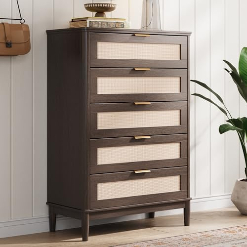 LINSY HOME Rattan Dresser with 5 Deep Drawers, 46 Tall Chest of Drawers, Mid Century Modern Wood Dresser, Large Boho Storage Cabinet for Bedroom with Metal Handle and Durable Legs, Walnut