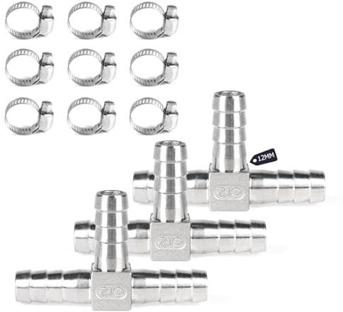 SUPAWAY T de lengüeta para manguera, Conector de púas en T, Conexión en forma de T de 3 vías SUS 304 con abrazaderas, Manguera de púas en T para aire, agua, combustible y gas (12 mm, Set de 3)