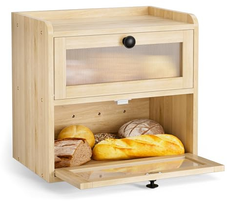 Gvdeirn 2-Layer Bread Box, Bread Bins for Kitchen Countertop, Double Decker Large Breads Container Front Opening Vintage Cupboard for Homemade Breads to Keep Breads Fresh (Wood Color)