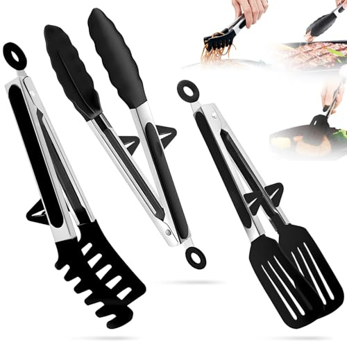 3 Pinzas Cocina Acero Inoxidable con Punta Silicona & Soporte, Pinzas Barbacoa Antiescaldadoras Resistente Calor, Utensilios Cocina Pinza Freidora de Aire Antideslizantes para Pasta, Carne, Ensaladas