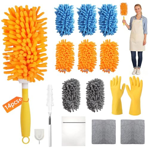 YnewL 14PCS Plumeaux Télescopiques Lavables pour Swiffer Duster, Recharge Magnétique Anti Poussière, Chiffon Réutilisable à 360°, avec Sac à Linge, Gant, Crochet et Tige Télescopique de Rechange