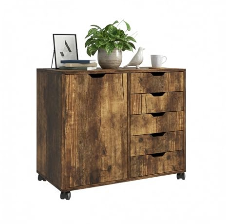 Contenedor rodante Relaxdays, 5 cajones y 2 estantes, H x A x F: 65 x 78 x 40 cm, archivador con Ruedas, Oficina, marrón