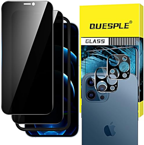 QUESPLE [2+2 Stück] Panzerglas Sichtschutz für iPhone 12 Pro Max 6,7 Zoll, 2 Stück Anti-Spähen Screen Privatsphäre Schutzfolie und Kameraschutz, 9H Härte Gehärtetem Glas Displayschutzfolie
