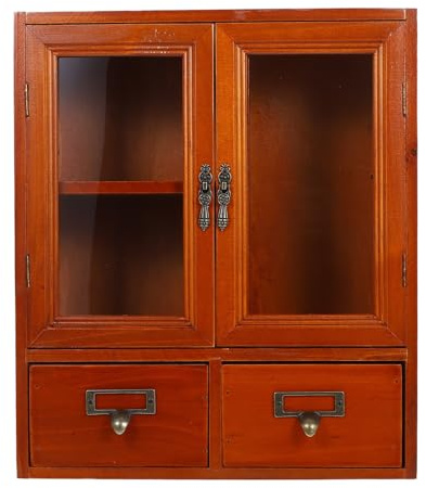Vintage Double Door Wooden Wall Cabinet - Rustic Hanging Display Cabinet for Kitchen, Countertop & Bedroom Storage, Decorative Low Profile Wall-Mounted Furniture