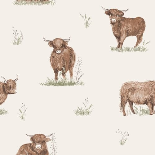 Muriva Catherine Lansfield Angus Highland Cow Farmhouse Cottage-Style Design for Nurseries Playrooms Kids' Bedroom Wallpaper (165532)