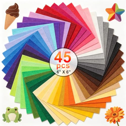 Qzma 45 Pcs 6x6 Felt Sheets Fabric Stiff Felts Craft Squares