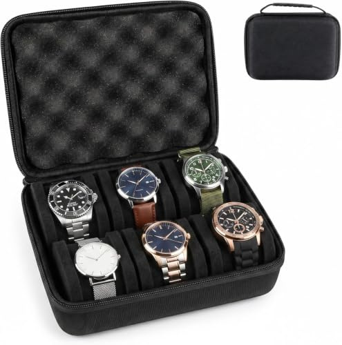 Astuccio da Viaggio Rigido per Orologi – 6 Scomparti – Custodia Portatile per Orologi Uomo e Donna – Organizzatore da Viaggio, Protezione e Presentazione, Nero
