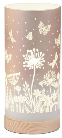 formano LED Tischlampe Deko Blumenwiese Zylinder Stimmungslicht aus Glas & Holz mit Timer, batteriebetrieben, Pastell-Peach, 20 cm - sanftes Ambientelicht für Tisch & Fensterbank