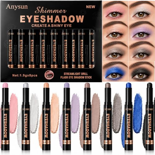 MooGlamor 8 Palillos brillantes para sombrear párpados con purpurina impermeables y duraderos lápices de maquillaje de ojos diarios (#C)