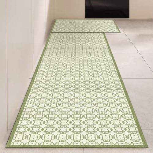 Alfombra Cocina 50X80Cm Verde Blanca Alfombra Vinilica Cocina Cuero,Modernas Lavable Antideslizante Anti Fatiga para Pasillo, Comedor,Hogar Alfombrilla Cocina