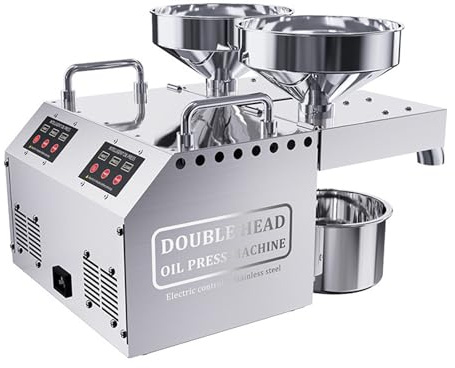 Elektrisk oljepress med dubbla oljeuttag, kall/varm kommersiell press, automatisk tillverkningsmaskin i rostfritt stål, extraktorer, för hemmakök och restaurang