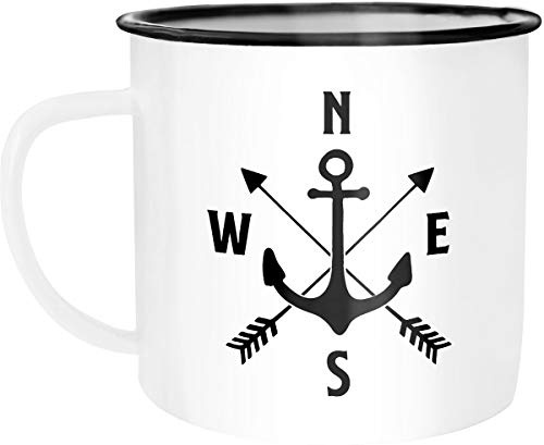 MoonWorks Emaille Tasse Becher Anker Kompass Pfeile Arrows Campingbacher Kaffeetasse Weiss-schwarz unisize