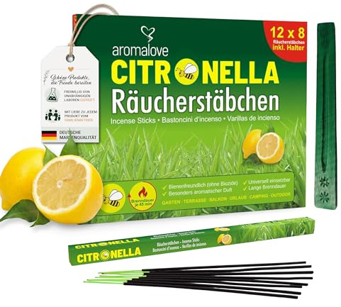Aromalove Citronella Räucherstäbchen, 96 Stäbchen, inkl. Halter | Traditionell in Indien hergestellt, freiwillig in Deutschland geprüft, ideal für Garten, BBQ, entspannte Outdoor-Momente