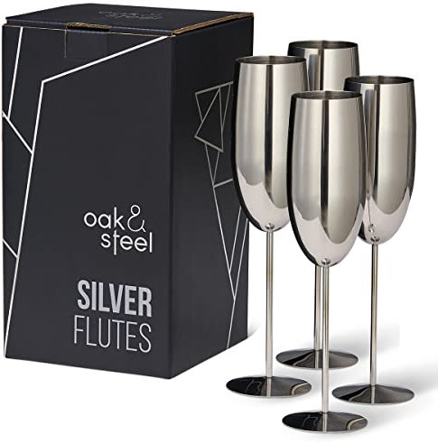 Oak & Steel - 4 Calici da Champagne in Acciaio Inox, 285ml - Durevoli e Infrangibili, Mantengono Freddo lo Champagne e Altre Bevande - Confezione Regalo con Design Raffinato