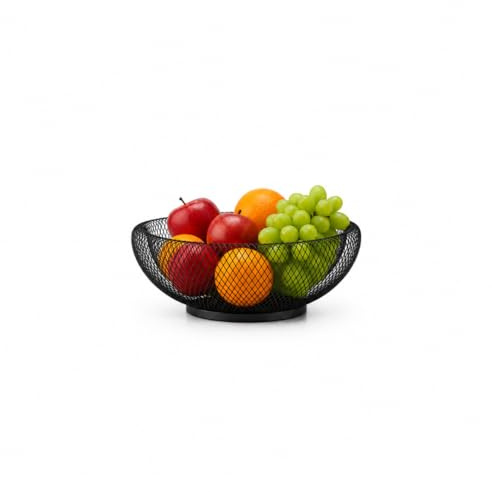 VR7 Fruit Bowl Metal Mesh Fruit Basket for Kitchen Decor 25cm - Durable, Airflow Design for Freshness - Black