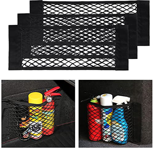 UIHOL Lot de 3 sacs en filet pour coffre de voiture - 60 x 25 cm - Avec fermeture - Universel - Organiseur de voiture - Élastique - Avec fermeture - Pour voiture/SUV